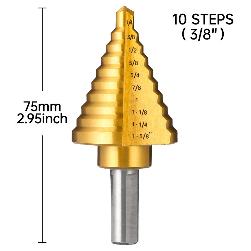 IRONANT Titanium Step Drill Bit, 1/4"" to 1-3/8"" Step Bit for Metal, 10 Sizes HSS Step Drill Unibit - Image 4